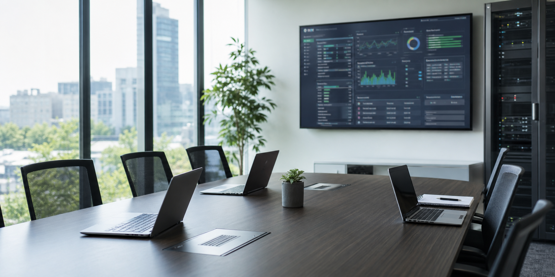 Corporate IT meeting room with monitoring dashboard and server rack