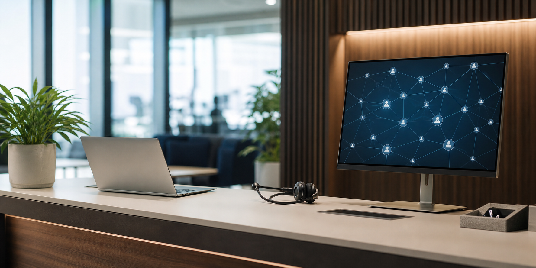 IT support contact desk with headset and network monitor